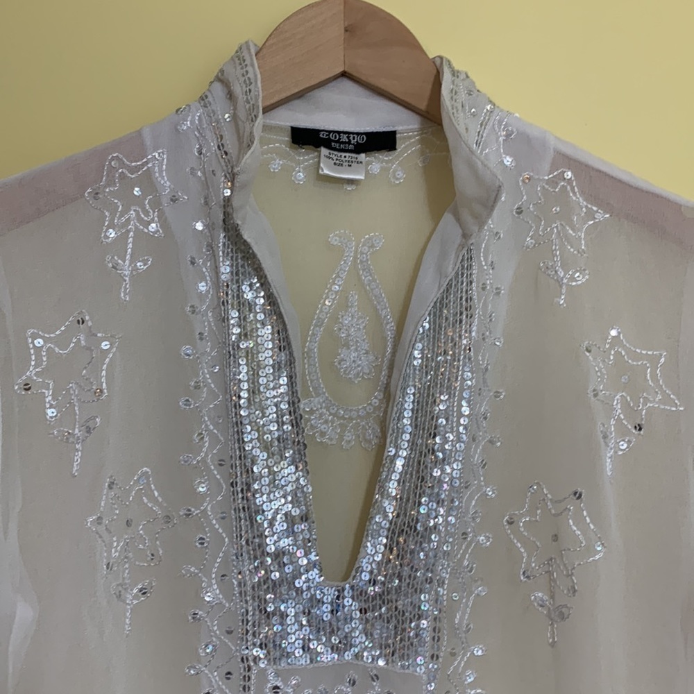 Tokyo Denem White Embroidered Sequin Sheer Long Sleeve Tunic Kimono Dress M - Picture 6 of 17